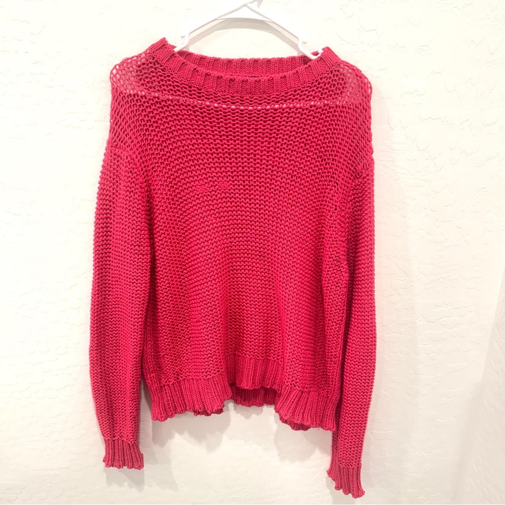Wooden Ships Open Knit Sweater Womens Small Pink Cotton Blend Valentines Anthro